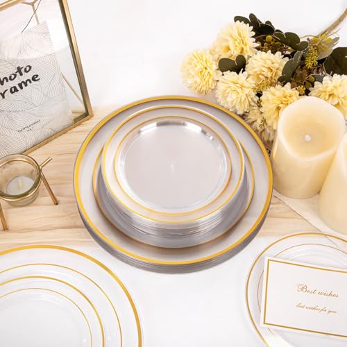 Image of I00000 200 Pcs Clear Gold Plastic Plates - Disposable Party Plates, Gold Plate Disposable Include 100 Dinner Plate and 100 Dessert Plate, Plastic Plate for Party, Holiday, Wedding & Birthday