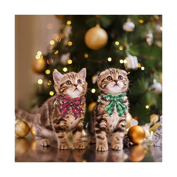 Adoggygo christmas cat collars breakaway with stylish bow, 2 pack red green plaid with snowflake christmas kitten collar with bell, removable bowtie cat christmas collar for cats kittens - image 3
