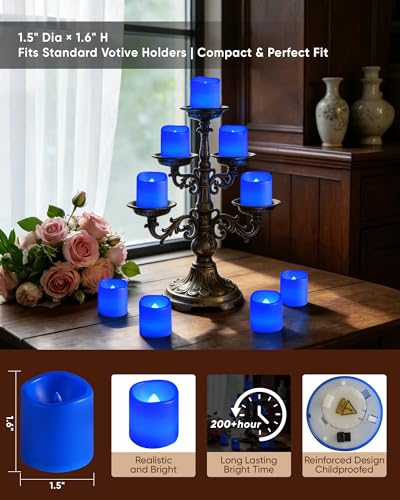 Image of Homemory 24Pack Blue Flickering Flameless Votive Candles, 200+Hour Electric Fake Candles, Battery Operated LED Tealight for Wedding, Outdoor, Table, Festival (Warm White,Battery Included)