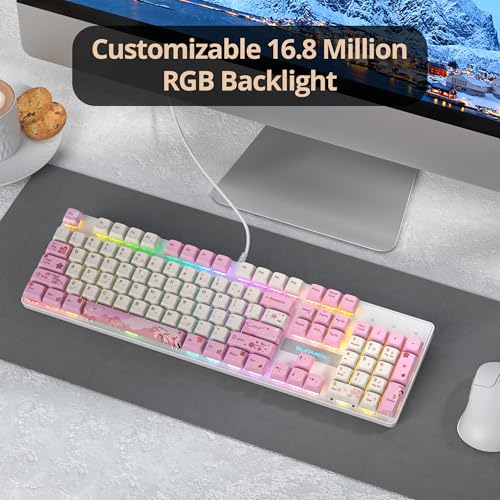 Image of Full Size Mechanical Keyboard, Creamy Keyboard with Number Pad, 104 Keys Pink Wired Gaming Keyboard with Red Switch, RGB Backlit for PC Laptop