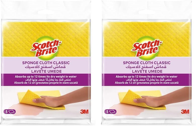 Scotch-Brite Sponge Cloth, Yellow, 5 Sponges - Ideal Everyday Washing up Sponge for Kitchen, Bathroom, and Household, use on Non-Stick Cookware and Glass (Pack of 2)