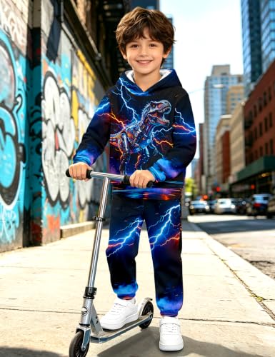 Image of Boys Clothes, T-Rex Print Dinosaur Boy Clothes Fall Winter Outfits Long-sleeved Hooded Sweatshirt Pants 2Pcs Set