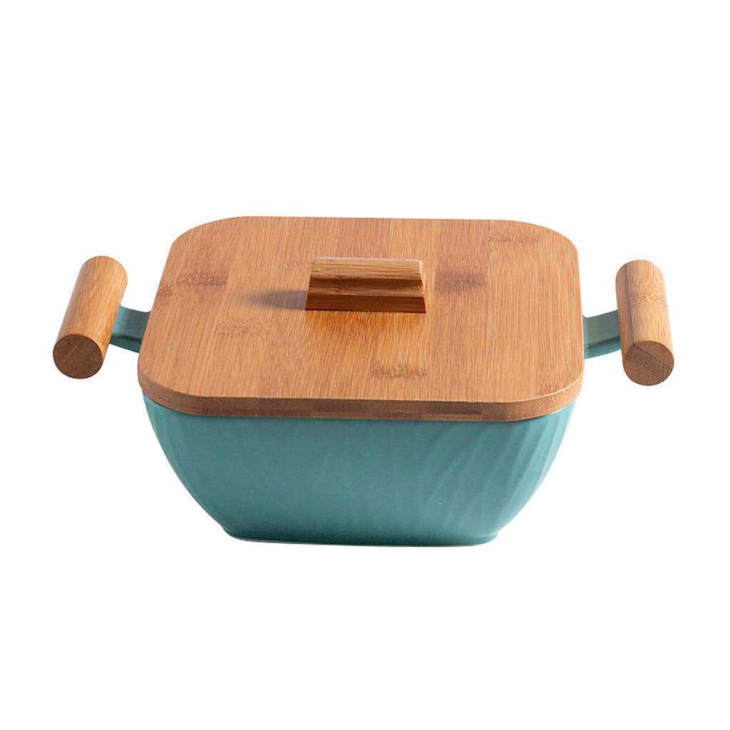 Suppenschüsseln mit Griff, Keramik im japanischen Stil Anti-Verbrühung Große Kapazität mit Holzdeckel Obstsalat Grün-1100ML
