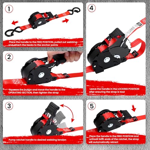 Image of Retractable Ratchet Straps 4 Pack, 1 in x 12 FT Auto Ratchet Straps for Motorcycle, Kayak and Trucks, Breaking Strength 1,500LBS /500LBS Working Load Limit Red