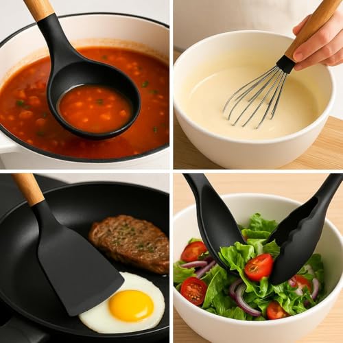 Image of Premium Silicone Kitchen Spatula Set for Cooking | Heat Resistant Spatula for Non Stick Pan with Wooden Handle & Holder | Steel Core Silicone Spatula | Non-Stick Kitchen Utensils Set (12 Pcs)