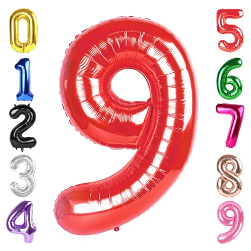 Image of 40 Inch Red Number 9 Balloon Birthday Party Decorations for Men & Women | 40 Inch Red inflatable foil number balloons, large birthday decorations for 9th birthday