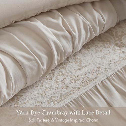 Image of Madison Park 5-Piece Farmhouse Comforter Set with Ruching & Lace Trim, Soft Chambray Bedding, Includes Comforter and 2 Decorative Pillows, King, Neutral