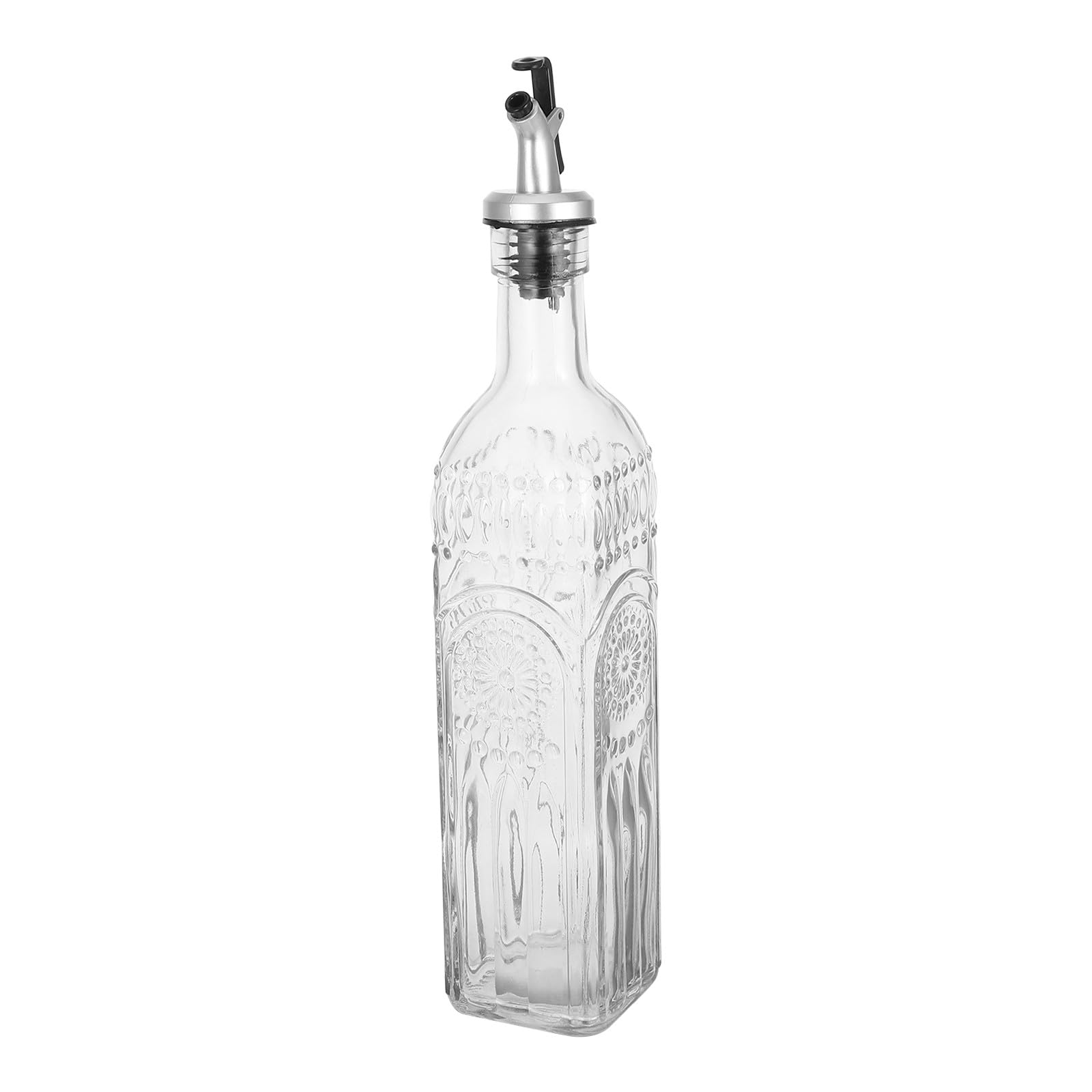 SEWACC Decorative Glass Oil Bottle with Precision Spout, 500Ml Floral Engraved Design, Leak-Free Pourer for Kitchen Cooking, Vinegar and Olive Oil Dispenser for Home Use
