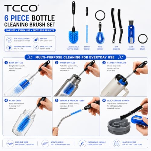Image of 6-in-1 Bottle Cleaning Brush Set with Long Handle Stainless Steel Bottle Brush, Straw Cleaner, Lid Brush & Gap Cleaner for Water Bottles, Tumblers, Baby Bottles, Flasks & Mugs
