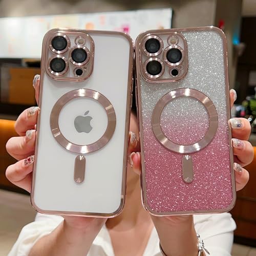 Image of Misscase for iPhone 15 Pro Magnetic Glitter Case Compatible with MagSafe,Camera Lens Protector Full Protection Elegant Anti-Scratch Dust-Proof Net Case Cover for iPhone 15 Pro Pink
