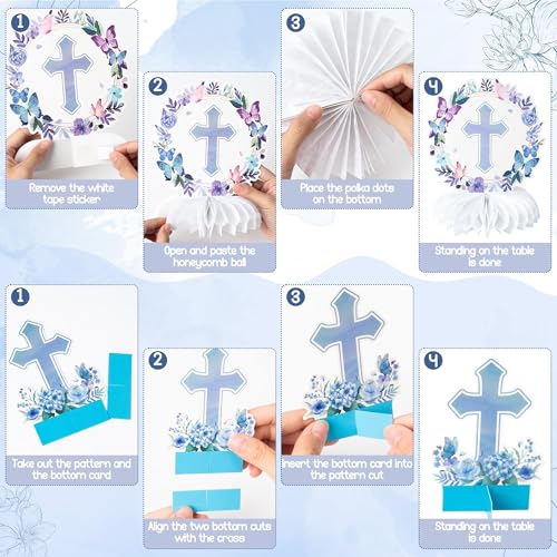 Image of ANGOLIO 12Pcs Baptism Honeycomb Centerpieces Birthday Party Decor, Summer Blue Purple God Bless Cross Religious Baptism Table Centerpieces for Baby Shower First Communion Gender Neutral Decorations