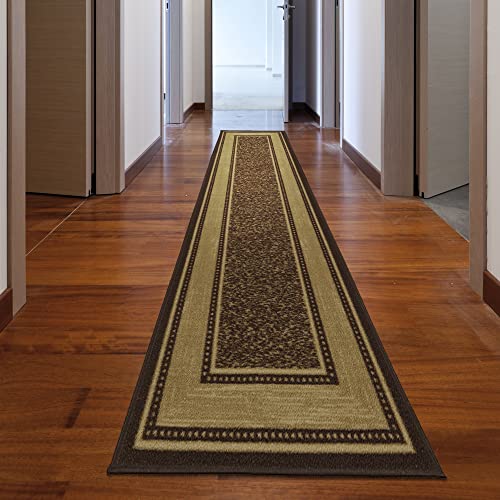 Machine Washable Bordered Design Non-Slip Rubberback 2X7 Traditional Runner Rug For Hallway, Kitchen, Bedroom, Living Room, 1'10" X 7', Brown #TOP5