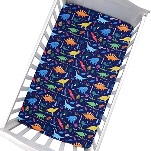 Image of Cloele Dinosaur Fitted Crib Sheet - Baby 100% Polyester 1 Pack Crib Sheet for Standard Crib and Toddler Mattresses - Blue Nursery Bed Sheet Crib Mattress Toddler Sheet for Baby Boys