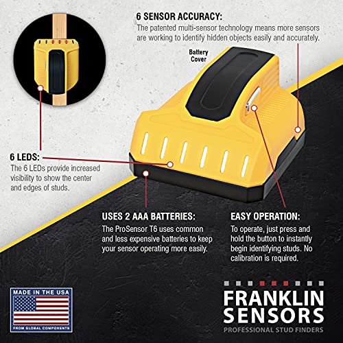 Franklin Sensors T6 Professional Stud Finder With 6-Sensors For The Highest Accuracy Detects Wood & Metal Studs With Incredible Speed, Yellow #TOP1