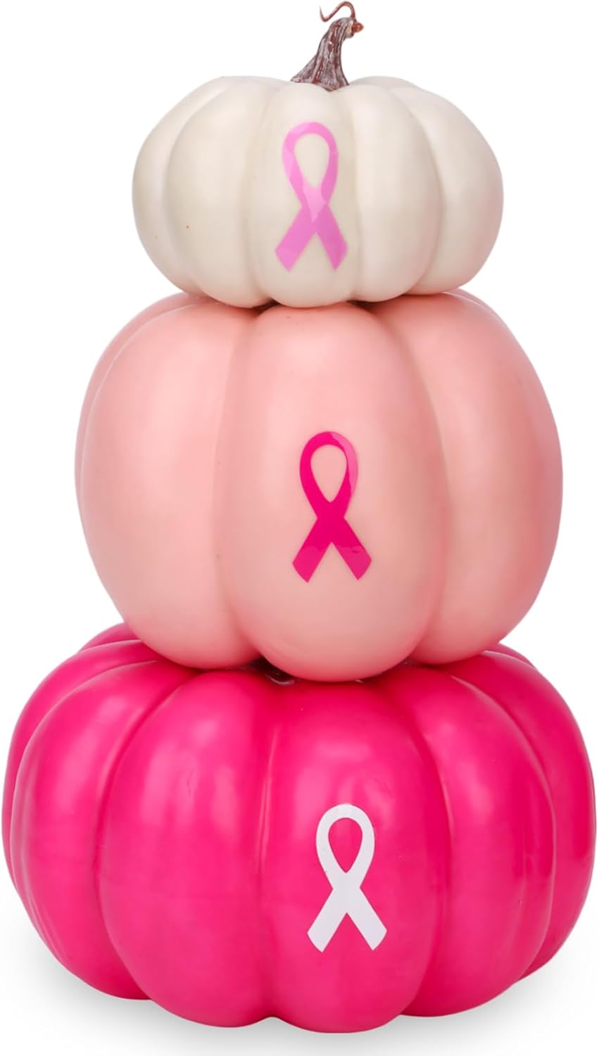 breast cancer awareness decoration 3-tier stacked pink pumpkin tower with pink ribbon pattern artificial faux foam pumpkin for fall halloween table centerpiece breast cancer october party decor hot pink, pink, white