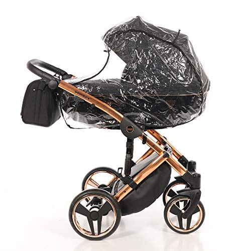 Original Junama Diamond Individual Reisesysteme Kinderwagen 2in1 3in1 4in1 + Schlafsack + Handmuff + Sonnenschirm + Originalzubehör (4in1 mit ISOFIX basis, Kupfer-Schwarz 03)