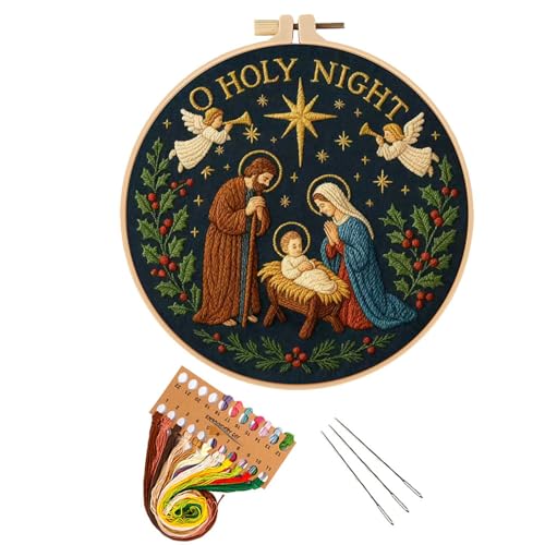 BoAn Nativity Embroidery Kit for Adults DIY Hand Embroidery Kit with Stamped Pattern Cotton Threads Needles & 15cm Hoop Easy Cross Stitch Kit for Home Decor and Faith-Inspired Craft