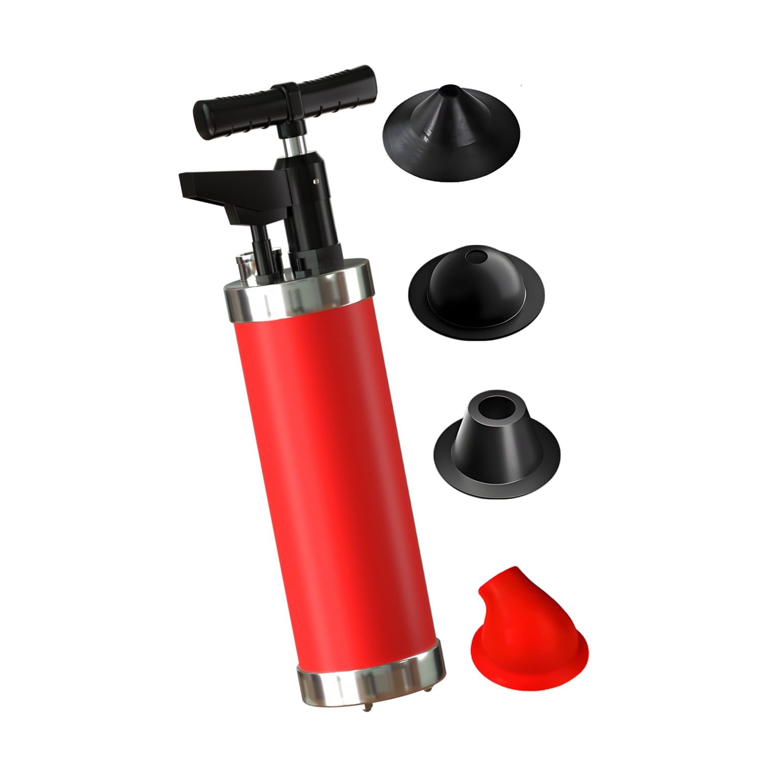 Stura WC con Barometro, Pompa Stura Scarichi a Pressione, Stura Lavandini a Pressione con 4 Teste di Pistone, per Disintasare WC, Lavello, Doccia, Lavandini, Scarico, Rosso