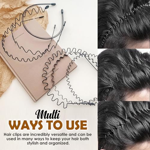 Image of GLUN Black Metal Zigzag Hair Bands Set of 6 for Men, Women, Boys & Girls, Non-Slip Wavy Hairband Headbands for Sports, Yoga, Face Wash & Daily Styling Hair Accessories