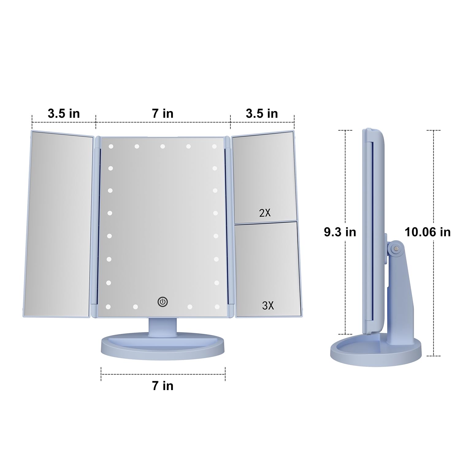 Infitrans Specchio con Luce,Specchi da Tavolo con Touch Screen Tri-Fold, ingrandimento 1x / 2X / 3X e Caricatore USB o Wireless, Luce LED Regolabile a 180 ° per Il banco da Viaggio (Blu)