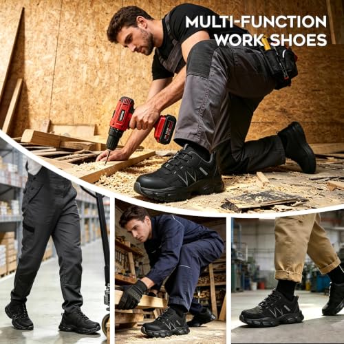 Image of Hogent Steel Toe Shoes for Men Women - Non Slip & Lightweight Work Shoes | Shock Absorption Cushion Sole, Breathable Safety Shoes, Ideal for Construction, Warehouse, Kitchen Work, Food Service