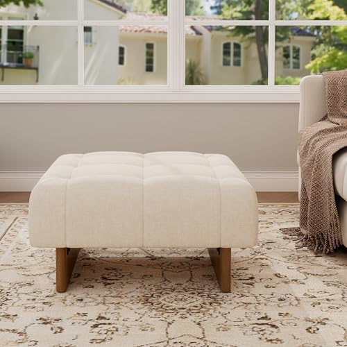 Image of Christopher Knight Home Yvone Modern Upholstered Ottoman Coffee Table, Wooden Square Ottoman Foot Rest, Multipurpose Foot Stools Ottoman, Comfy Living Room Sofa Extra Seat, Beige+Brown