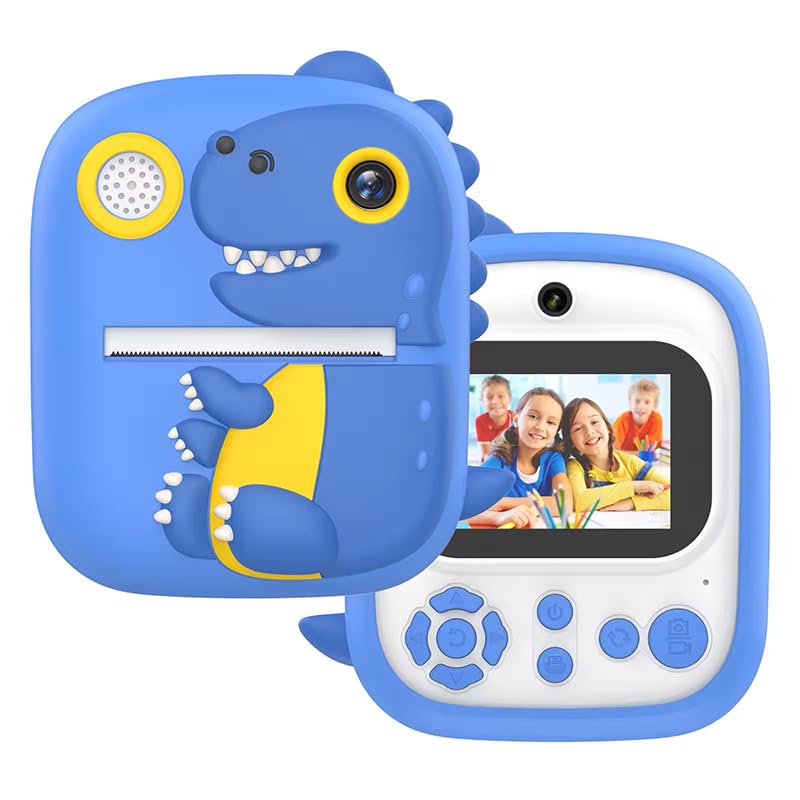 REBEL Kids Instant Print Camera P3 For Children 3+ Front Rear 2.4in Screen 1080P Video 32GB Memory Card T-Rex Dinosaur (Sky Blue)