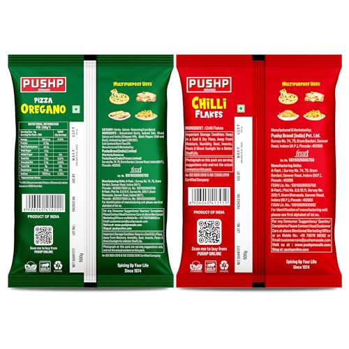 Image of Pushp Oregano & Chilli Flakes Combo Value Pack | 500g Each - 1kg Total | Perfect Seasoning for Pizza, Pasta, Sandwich & Snacks