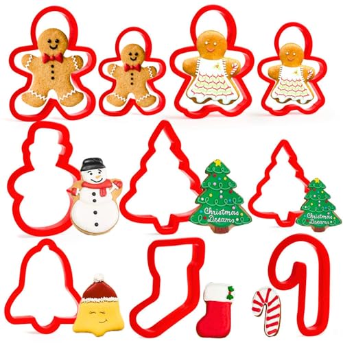 Christmas Cookie Cutter Set - 10 Piece Plastic Gingerbread Man*4, Christmas Tree*2, Beckoning Snowman*1, Bell*1, Christmas Stocking*1, Candy Cane*1, For Biscuit, Fondant