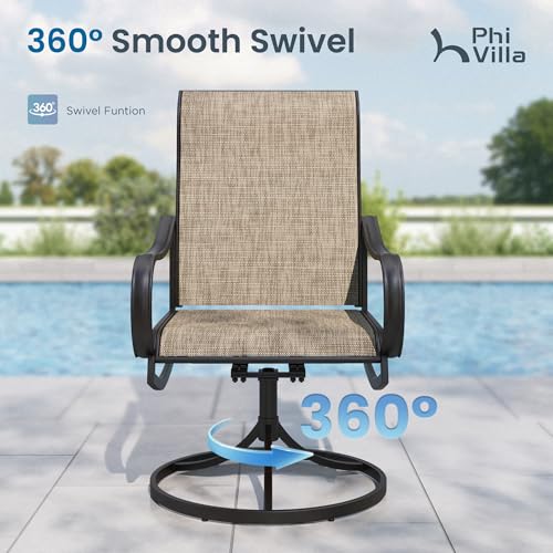 Image of PHI VILLA Patio Dining Table and Chairs, 6 Swivel Dining Chairs with Armrest, Brown Metal Slat Table Top with 1.6 inch Umbrella Hole, Rustproof E-Coating for All Weather