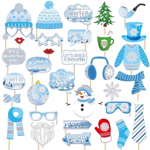 Glitter Winter Photo Booth Props Set,32pcs Winter Wonderland Decorations,Fun Snowman Snowflake Selfie Props Signs,Christmas Photo Backdrop Table Decorations for Holiday Birthday Party Favors Supplies