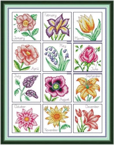 Image of Qeerysew Cross Stitch Kits Stamped Full Range of Embroidery Starter Kits for Beginners DIY- Printed kit Year-Round Flowers(Printed) 14CT17.7x22inches
