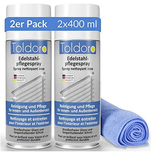 Toldoro Set di 2 spray per la cura dell'acciaio inossidabile da 400 ml e 1 panno in microfibra da 40 x 40 cm / detergente in acciaio inox per barbecue, cucina / acciaio inox spray come detergente in