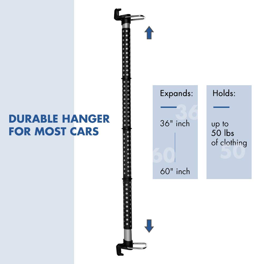 MYSBIKER Car Clothes Hanger Bar, Adjustable Telescoping Bar Vehicle Clothing Rack with 3 sections of Non-Slip Grips Dividers for Travel, Expandable 33" to 63",Max Holds up to 50 lbs