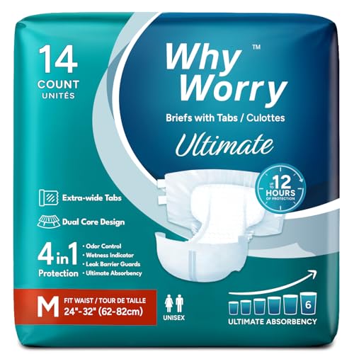 WhyWorry Ultimate Adult Diapers for Men and Women, Disposable Adult Briefs with Tabs for Incontinence, Unisex Incontinence Briefs with Tabs, Ultimate Absorbency, Odor Control, Medium, 14 Count
