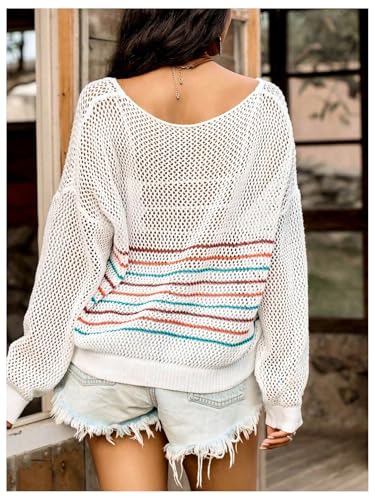 SweatyRocks Women's Hollow Out Striped Loose Sweater Sheer Long Sleeve Crochet Knit Pullover Tops2