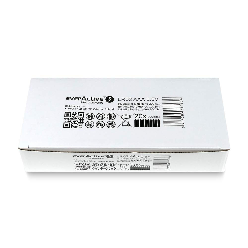 everActive Lot de 200 Piles alcalines AAA Micro LR03 R03 1,5 V, Haute Performance, durée de Vie 10 Ans
