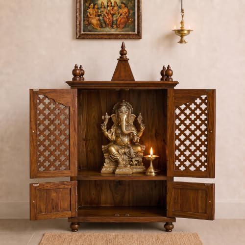 Image of Varsha Furniture Sheesham Wood Temple for Home with Doors and Storage Cabinet s | Home Puja Mandir