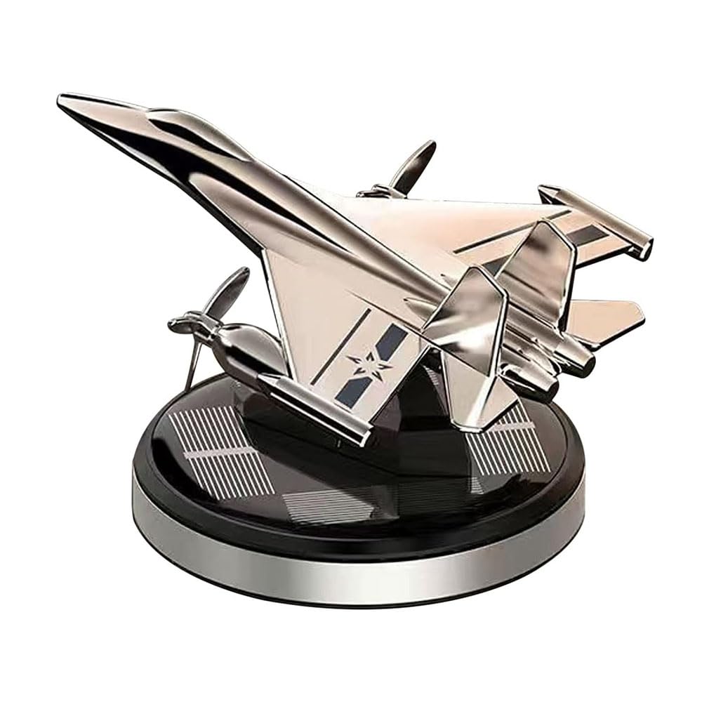 JZS Car Fragrance Diffuser Solar Rotating Automotive Air Fresheners Ornament Fighter Shape Solid Aromatherapy Decoration for Car and Home,Black Gold Body,Silver Base (Fragrance Free)