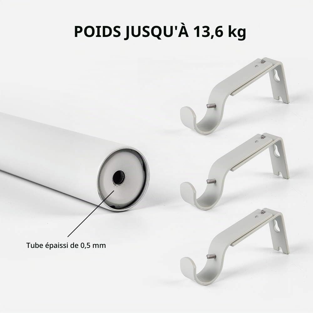 Ycolnaefllr Tringle à Rideaux DéCorative Pour FenêTres De 2,5 Cm De DiamèTre, Longueur RéGlable De 213 à 304 Cm, Tringle à Rideau Simple RéGlable Avec Embout En RéSine, Blanc