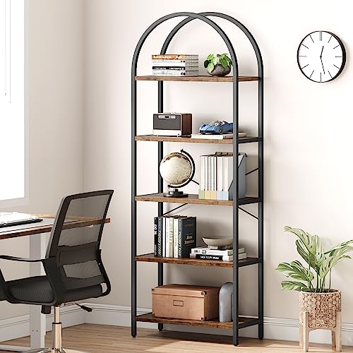CABIHOME Bookshelf Tall Bookcase Arched Standing Bookshelves Modern Display Racks 5 Tier Storage Rack Shelf Large Wood Book Shelf for Bedroom, Living Room, Home Office