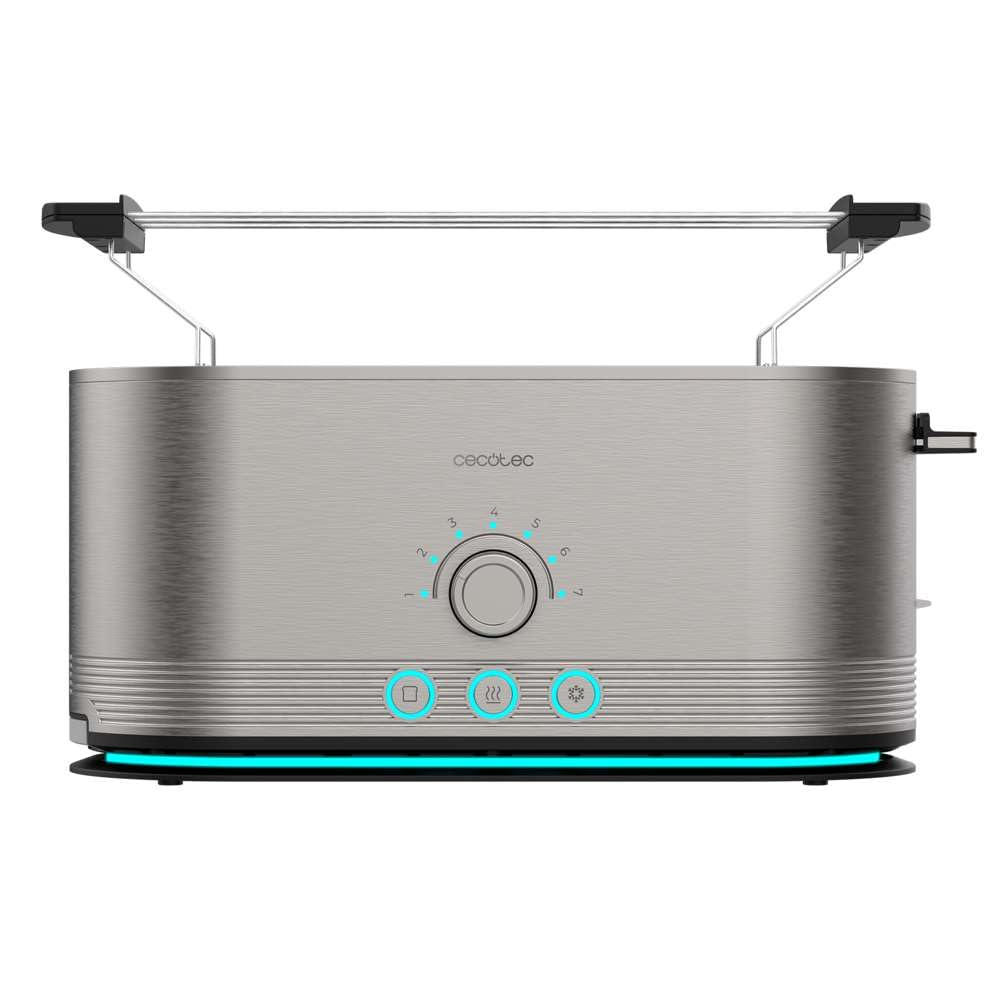 Cecotec Tostapane Verticale in Acciaio con Doppia Fessura Lunga Shine&Toast Extra Double. 1400W, Capacità 4 Toast, Fessure Larghe 3,8cm, Anello Luminoso, 7 Livelli di Tostatura, Aste Superiori