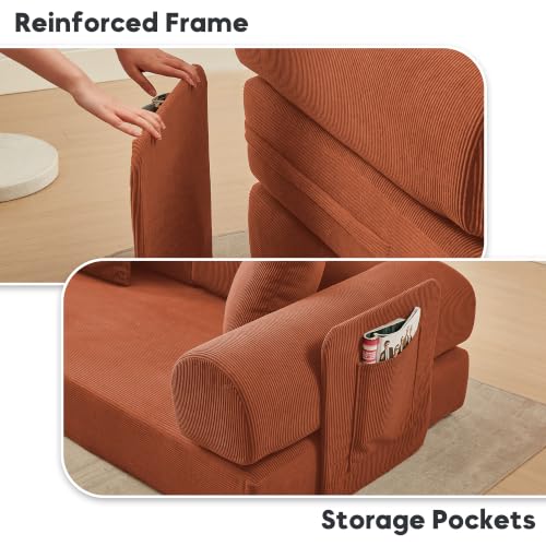 Image of 107 inch Modular Sectional Sofa Bed, L-Shape Corduroy Boneless Couch, Orange