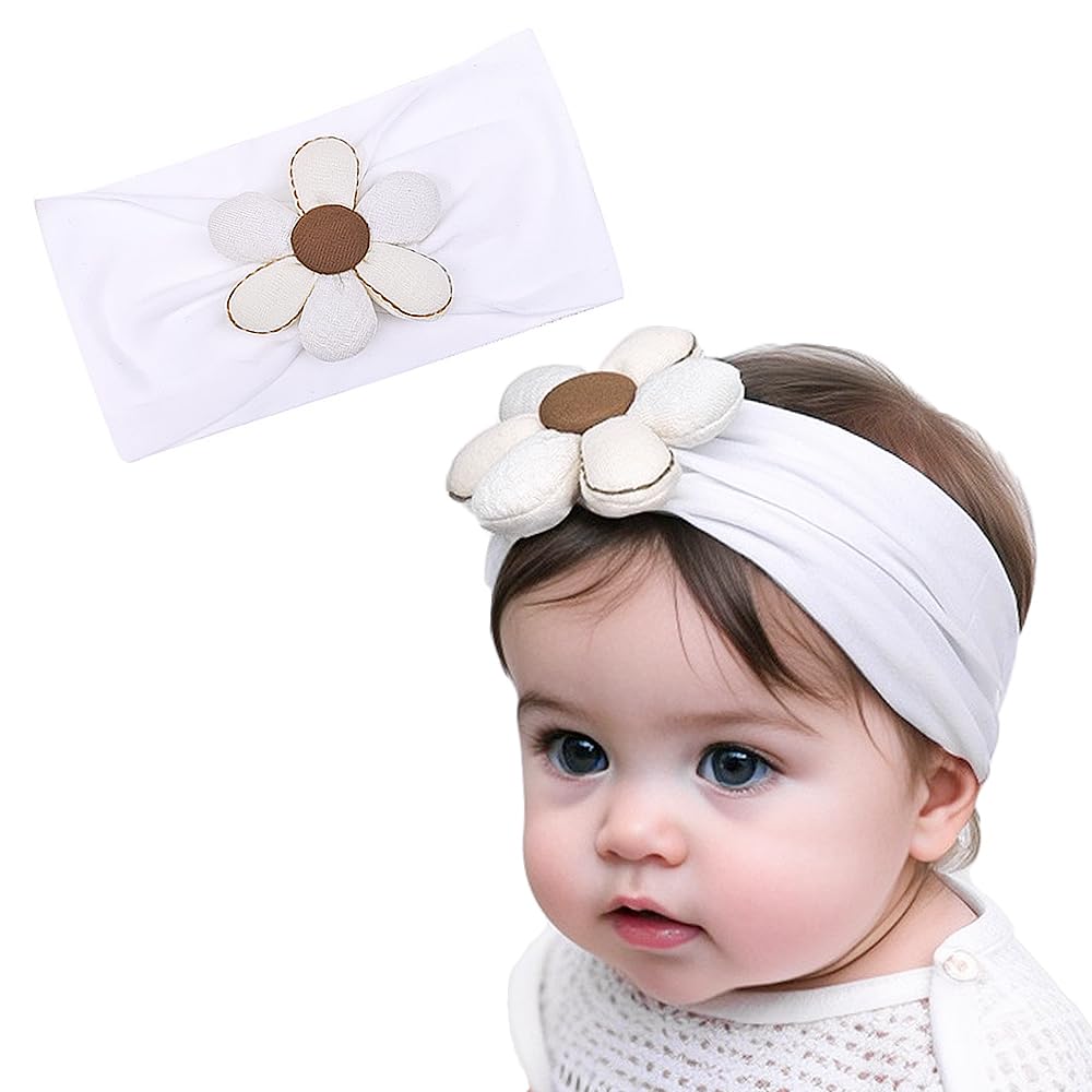 Large Flower Elastic headband for Baby Girl Infant Soft Fabric Chiffon Floral Hairband Toddler Newborn Christening Baptism Hair Accessories (Flower 3 - White, Elastic)