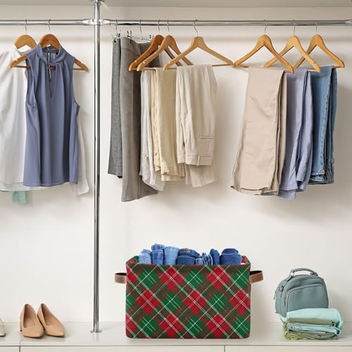 Image of Christmas Buffalo Plaid Storage Basket with Waterproof Liner and PU Handles Winter Green Red Checked Storage Bins Boxes 14.2 inch Collapsible Decorative Organizer Baskets for Bedroom Closet Office 1 Pack