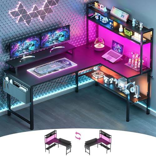 Cyclysio L Shaped Gaming Desk, Small Computer Desk with Power Outlets & LED, Reversible Game Desk...