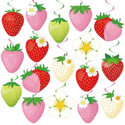 Image of 40Pcs Strawberry Hanging Swirls Decorations, Sweet Strawberry Party Ceiling Hanging Swirls Streamers for Berry First Birthday Baby Shower Party Decor Supplies