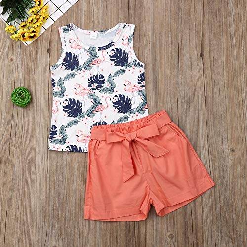 2Pcs/Set Fashion Toddler Kids Baby Girl Sleeveless T-Shirt Top+Floral Denim Shorts Outfits (Flamingo+Orange, 6-7 Years)