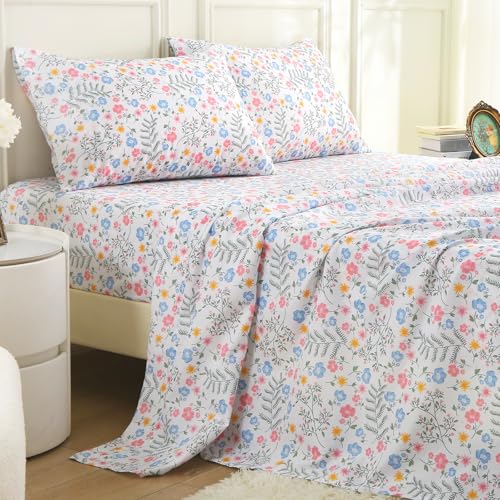 Image of MUXHOMO Queen Size 4 Piece Sheet Set, Soft & Breathable Sheet for Bedroom with Deep Pocket Up to 16 inch, Wrinkle-Free & Cooling Bed Sheet with Flat Sheet, Fitted Sheet & Pillowcases - Colorful Flower