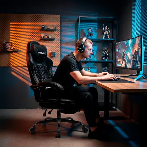 Image of Misolant Gaming Chair, Fabric Gamer Chair with footrest for Adults, High Back Ergonomic Computer Game Chair with Adjustable Headrest and Massage Lumbar Support, 90-155 Recline Free,Black